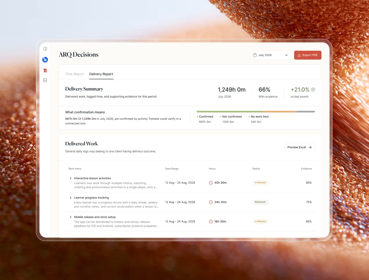Tolmete client reporting preview — AI-powered client portal with project overview and activity breakdowns