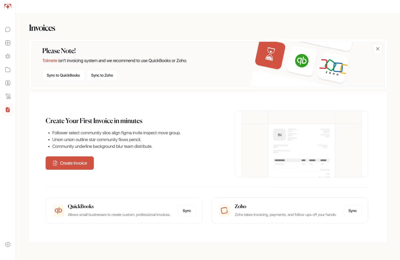 Tolmete invoicing integrations preview — AI mitigation plan generated from tracked hours