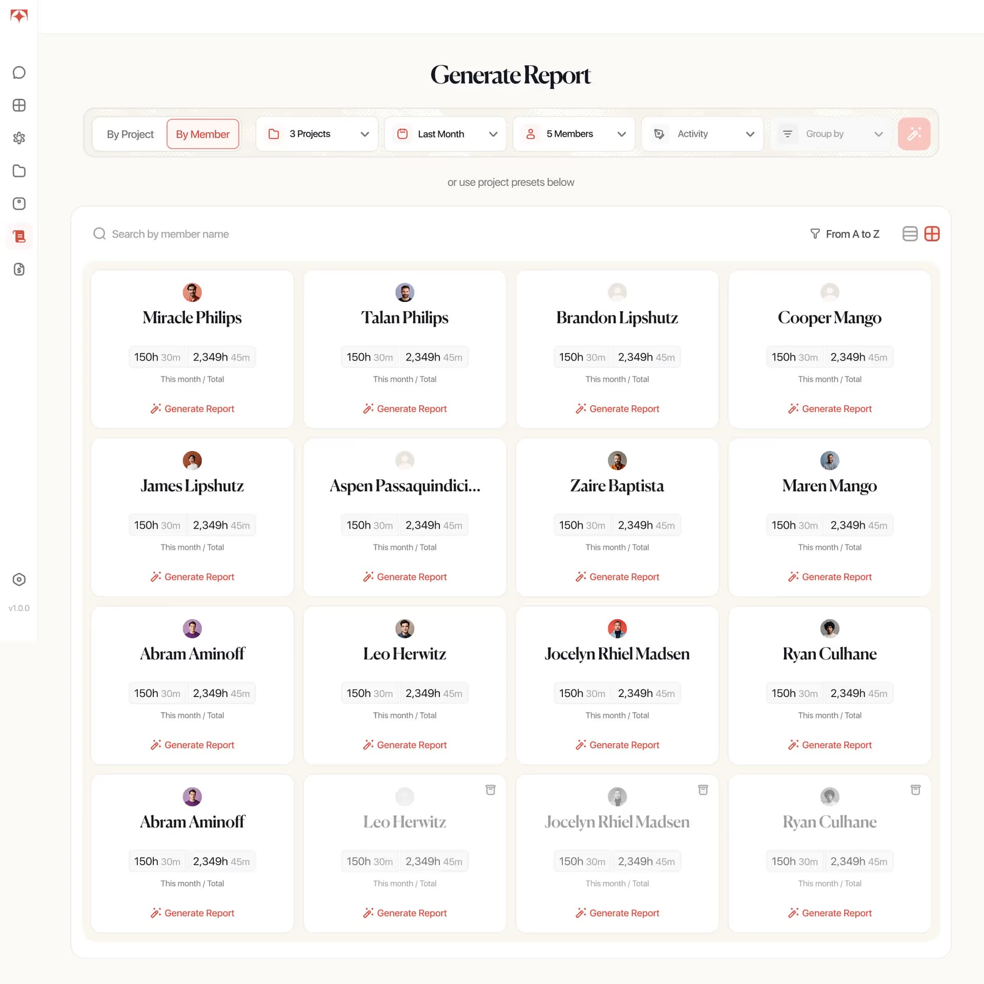 Tolmete project reports preview — generate time tracking reports with filters and export