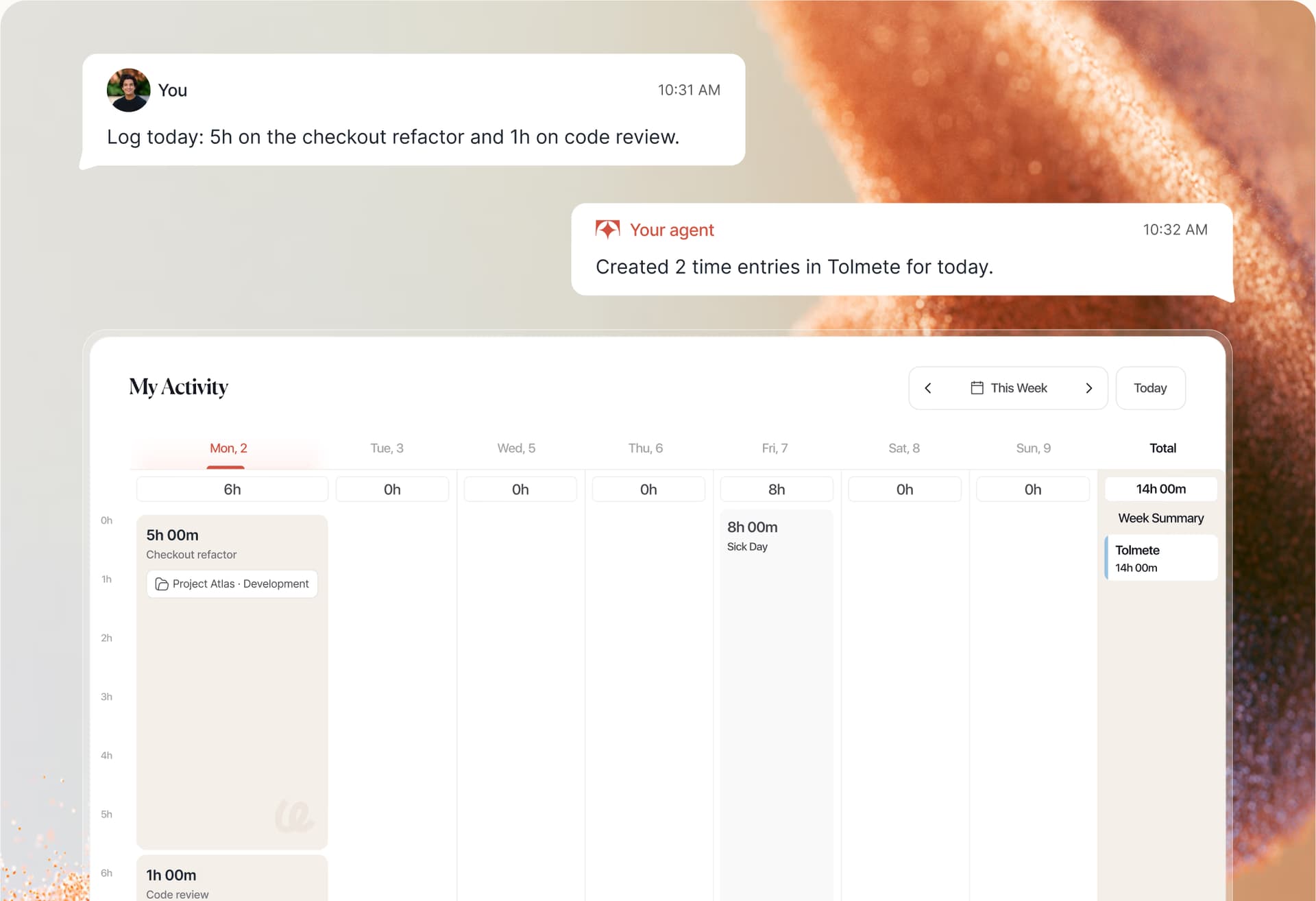 Tolmete Connectors preview — an AI agent logs checkout refactor and code review time that appears in My Activity