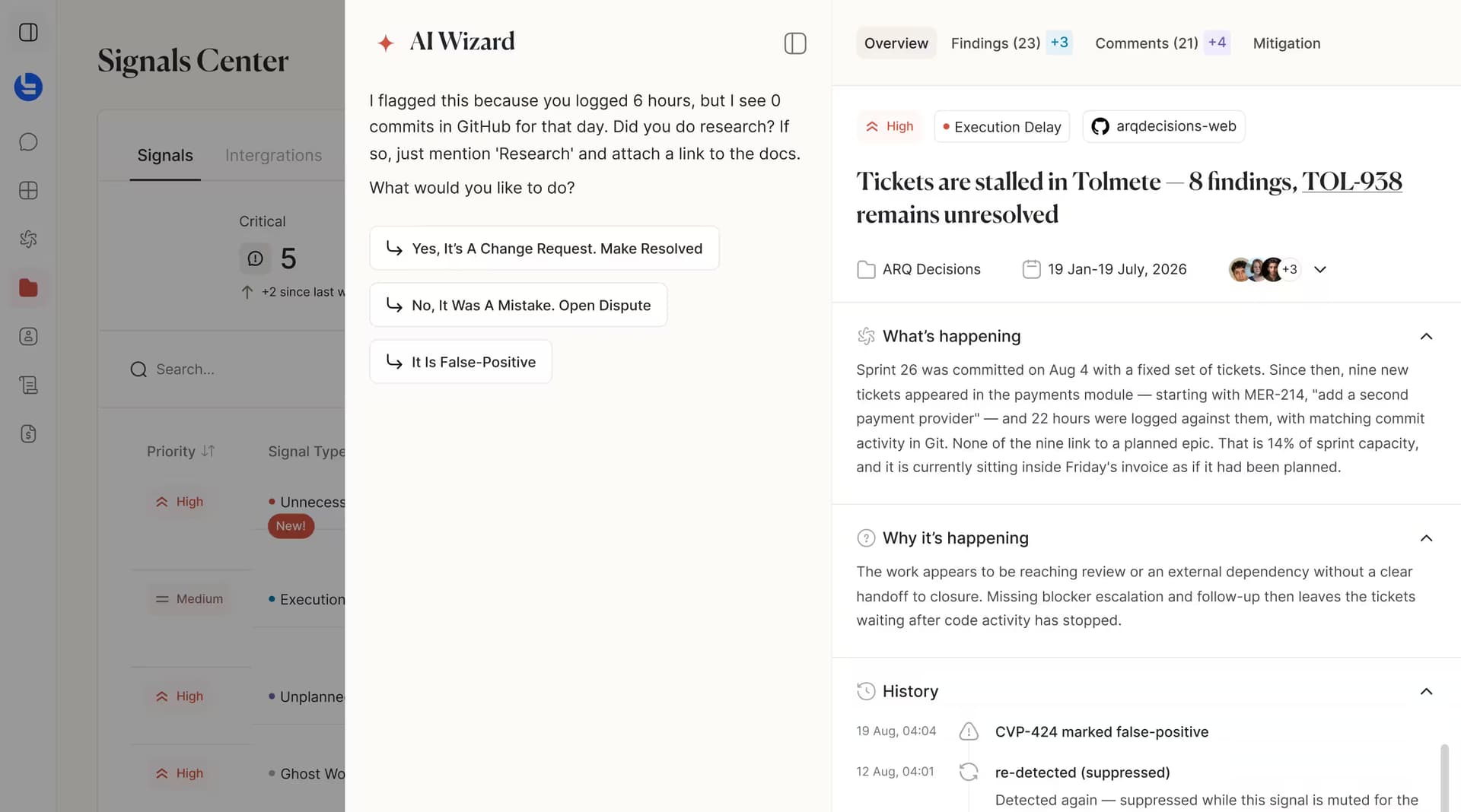 Tolmete AI Wizard flagging a scope-creep signal with a detailed risk briefing