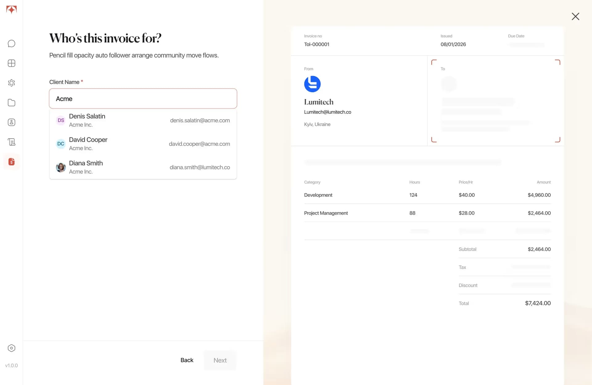 Tolmete invoice builder — client catalog with saved billing details