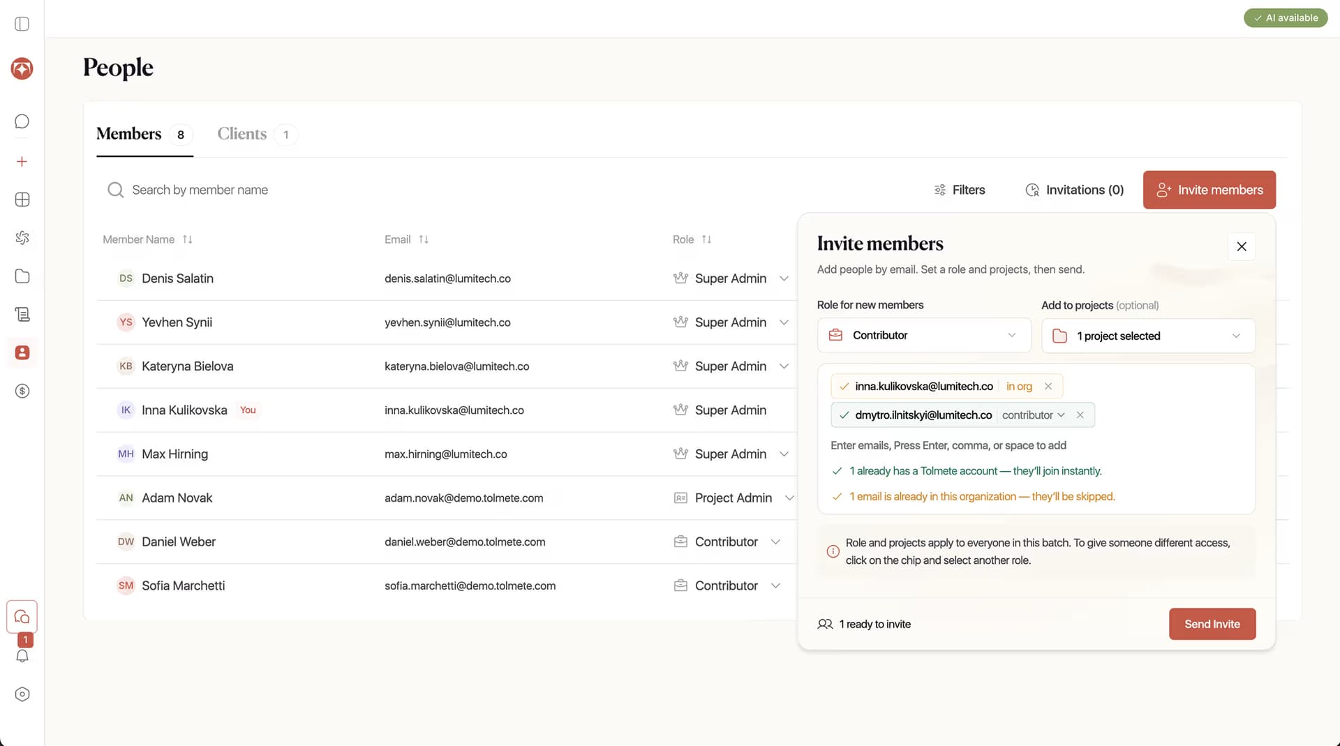 Tolmete team management — invite people into the organization with role assignment