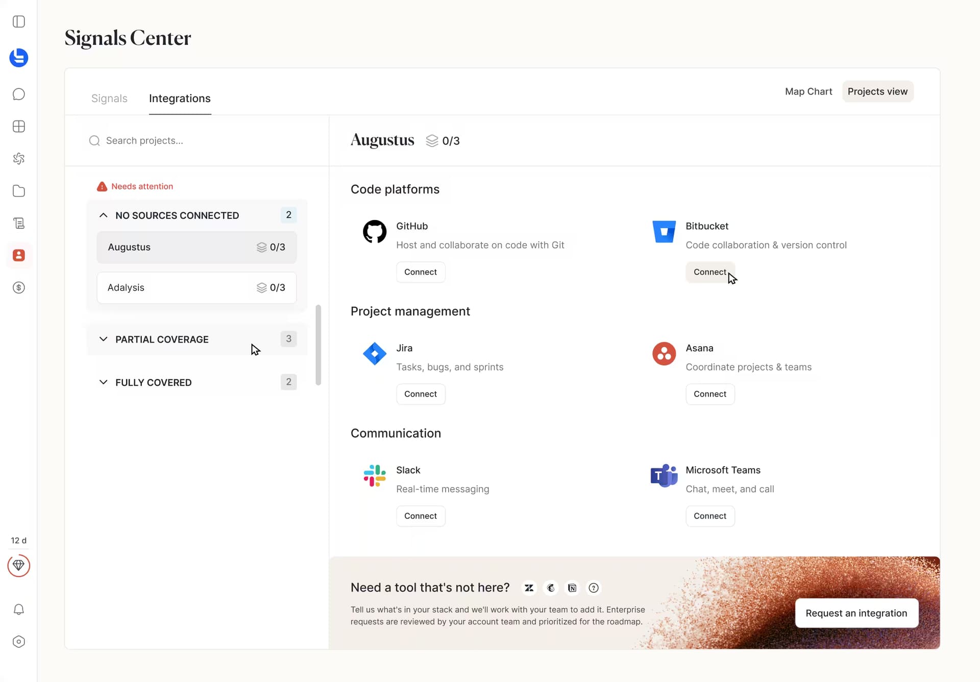 Tolmete AI Delivery Intelligence — connect project tools from the Integrations view