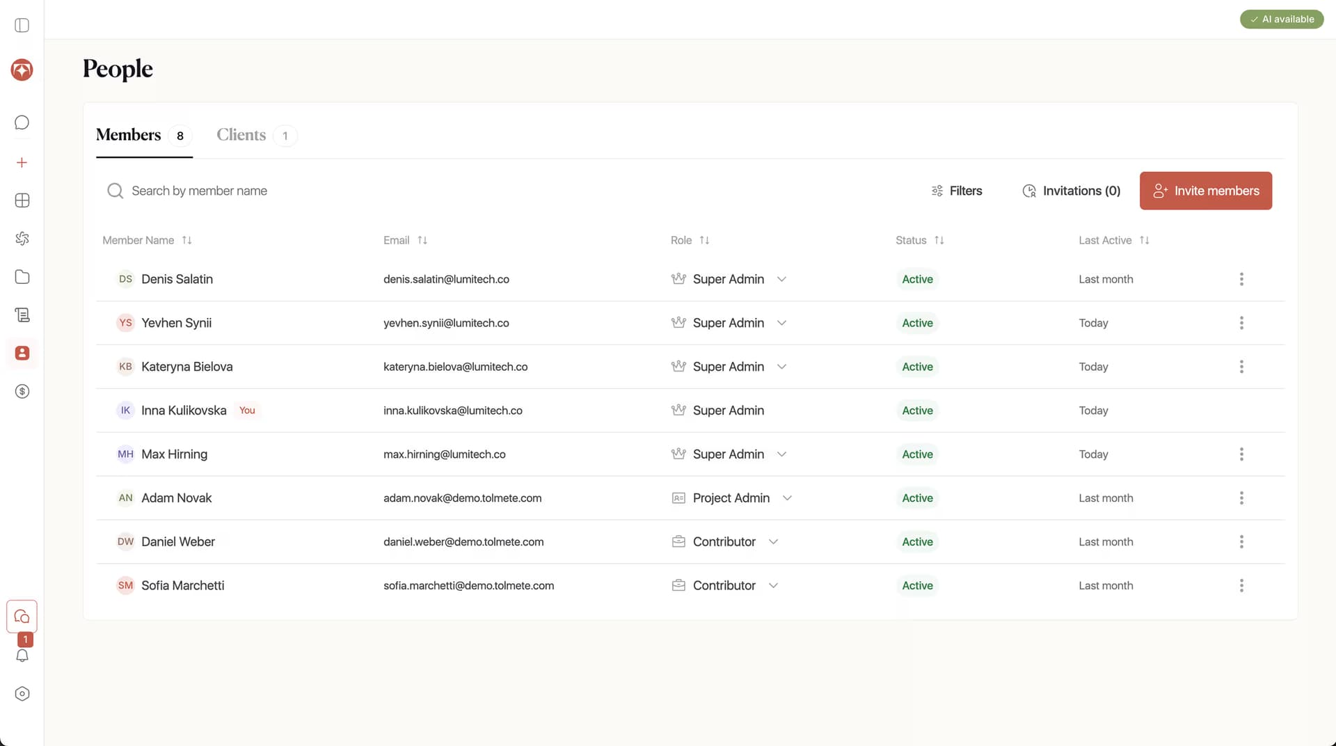 Tolmete team management — People table with member roles and permissions