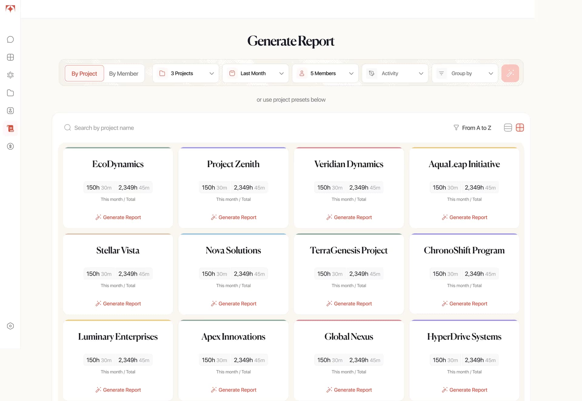 Tolmete project reports — choose a project or apply filters