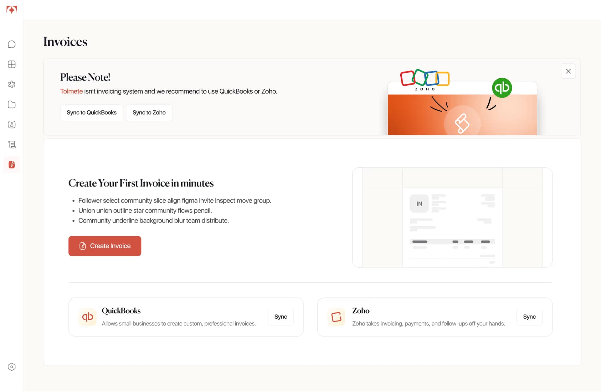 Tolmete basic invoicing — invoices start screen with create invoice and accounting sync