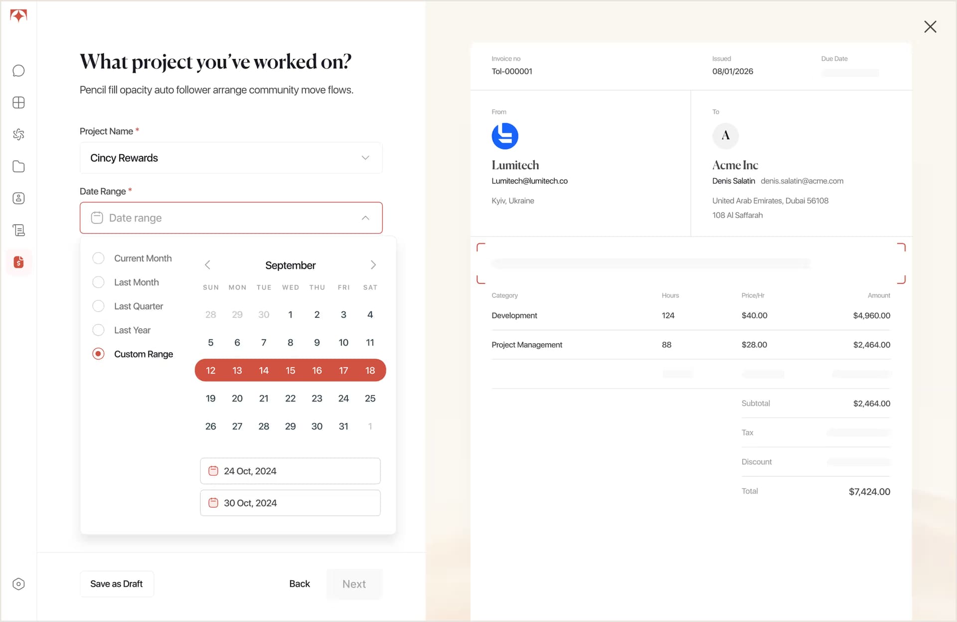 Tolmete basic invoicing — select client, project, and billing period
