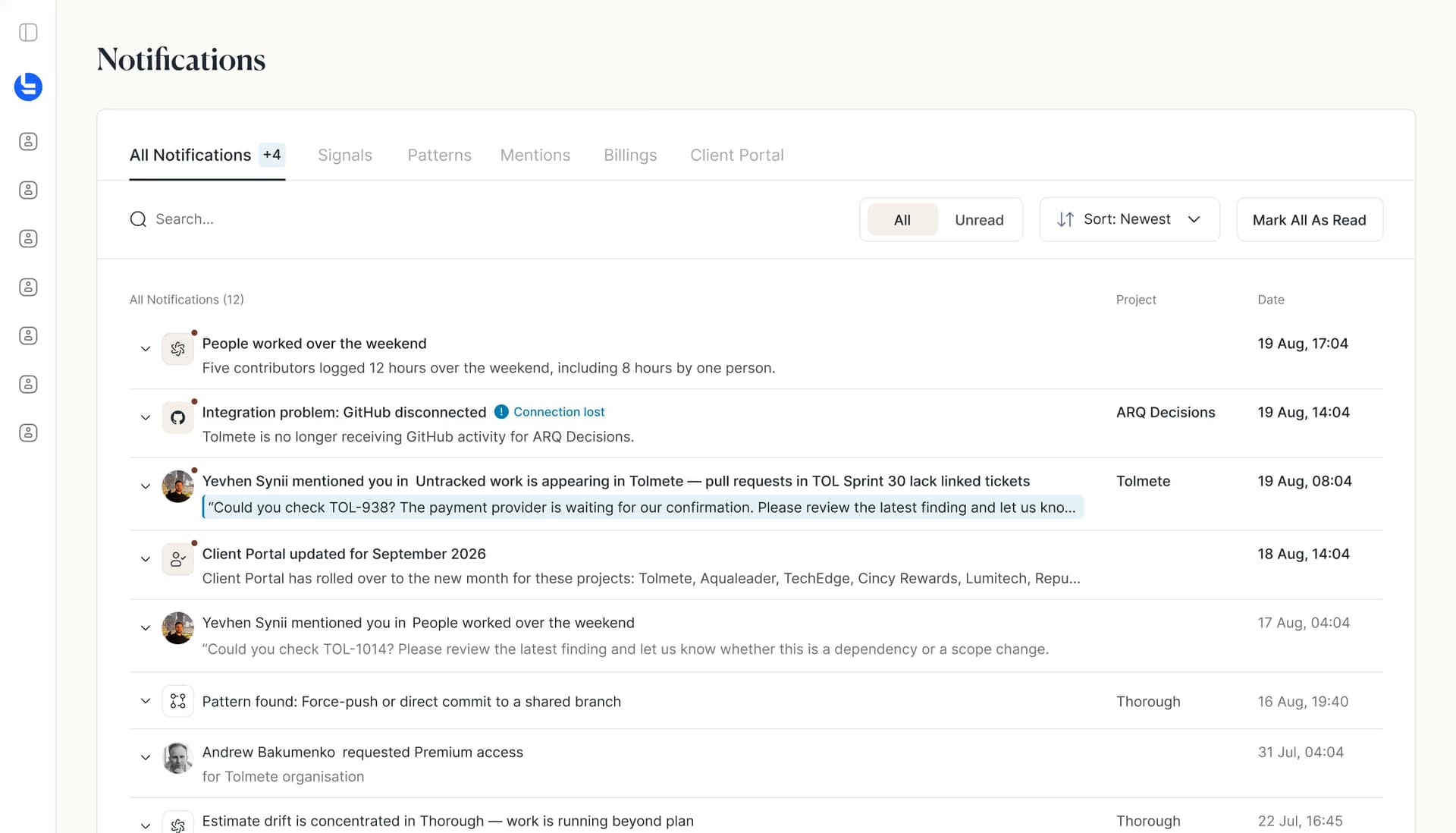 Tolmete notifications preview — delivery signal with hypothesis, involved team members, and resolve actions