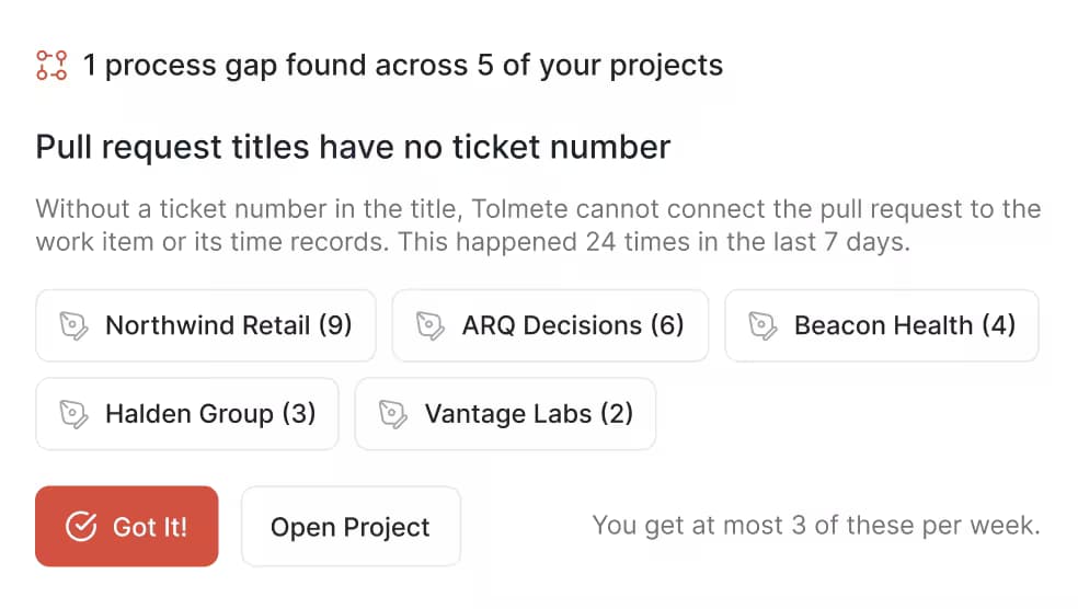 1 process gap found across 5 of your projects: pull request titles have no ticket number. This happened 24 times in the last 7 days across Northwind Retail, ARQ Decisions, Beacon Health, Halden Group, and Vantage Labs.