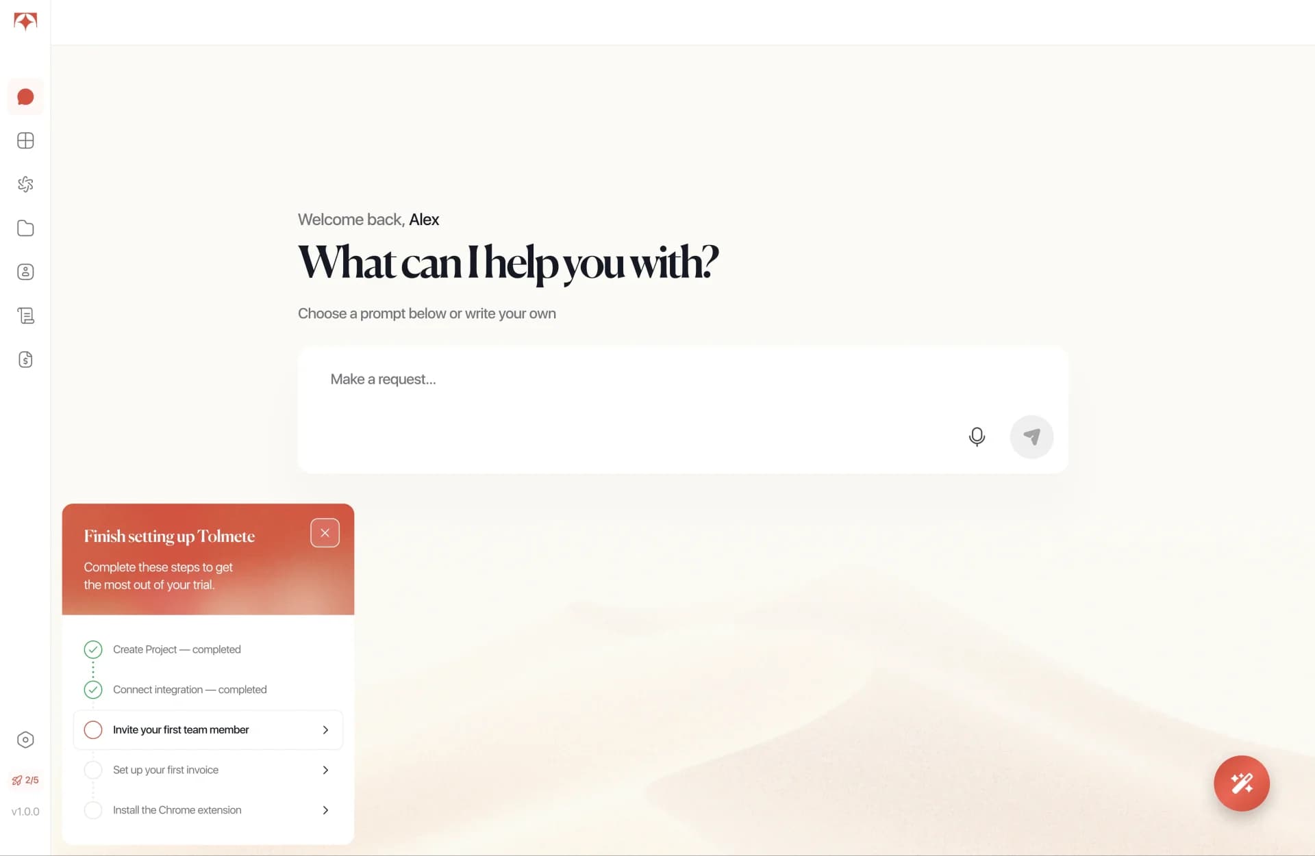 Tolmete onboarding checklist and AI chat interface preview