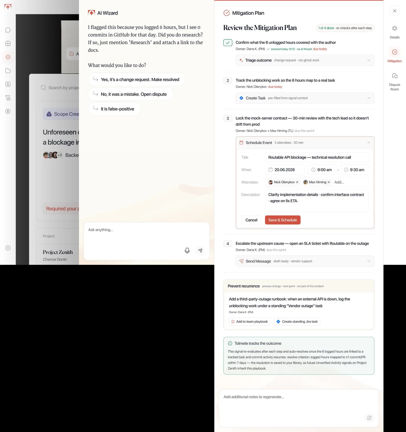 Tolmete invoicing integrations preview — AI mitigation plan generated from tracked hours