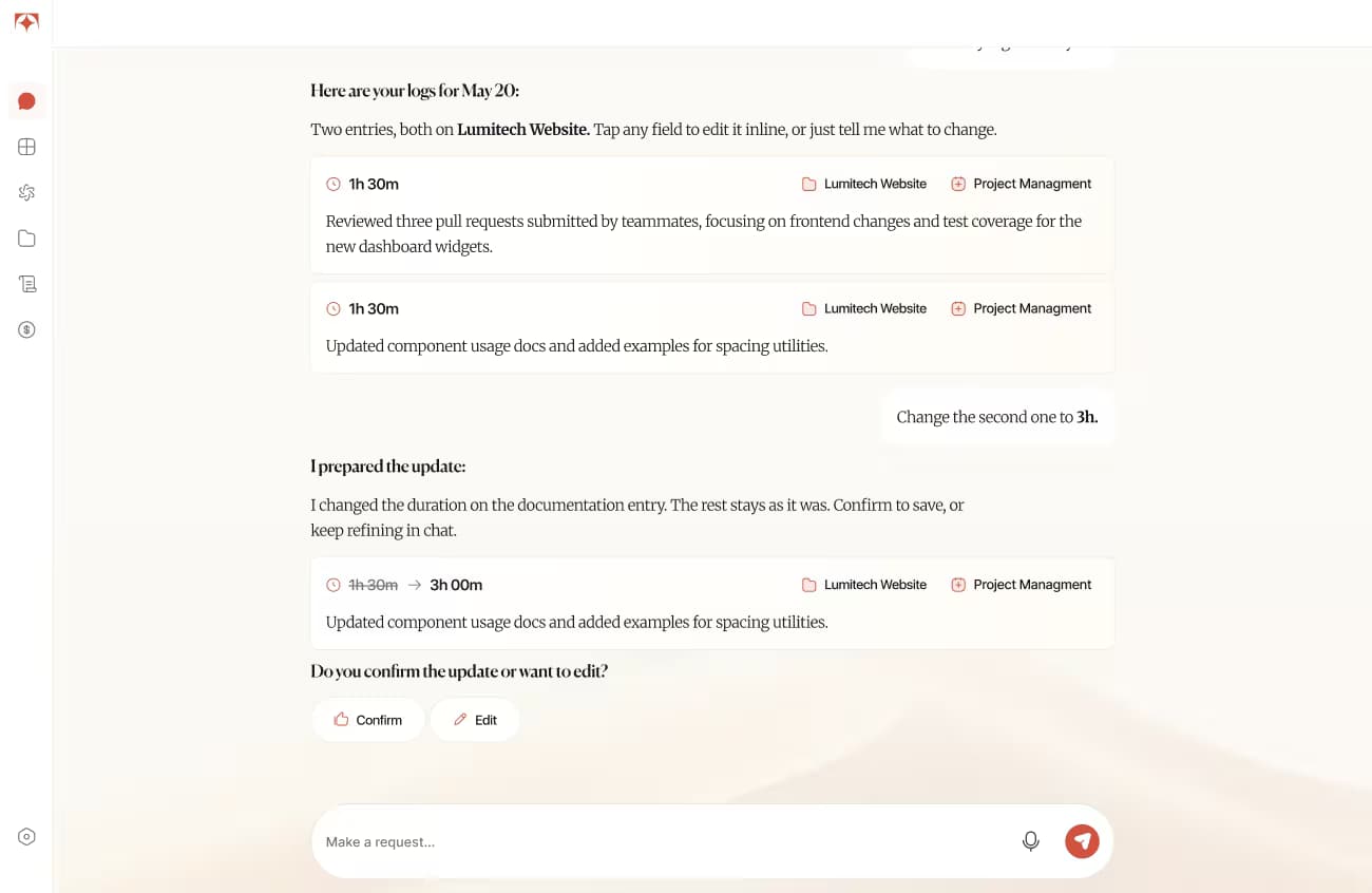 Tolmete AI time tracking preview — chat-based time logs with confirm and edit actions