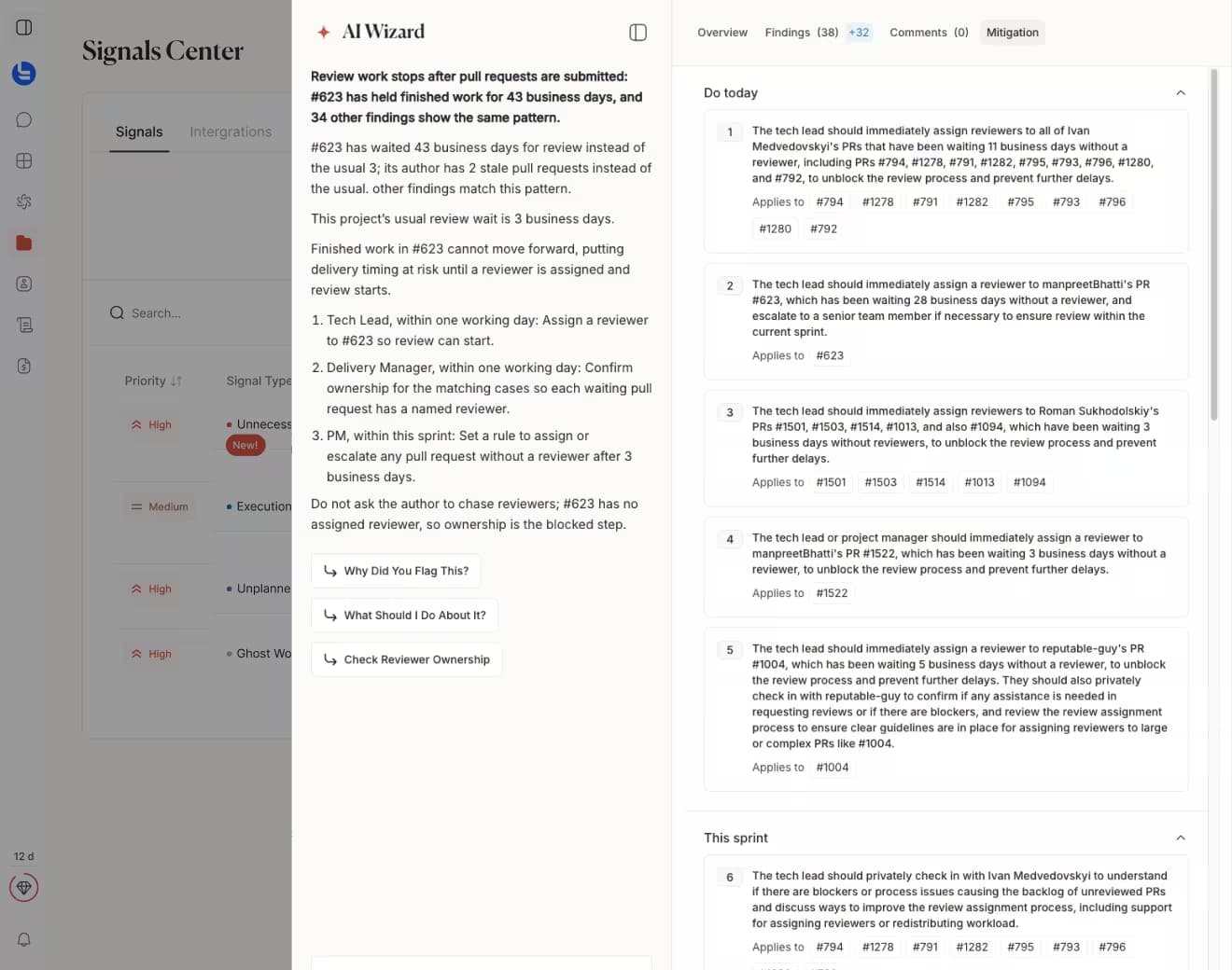 Tolmete AI mitigation plans preview — structured action plan from a delivery risk alert
