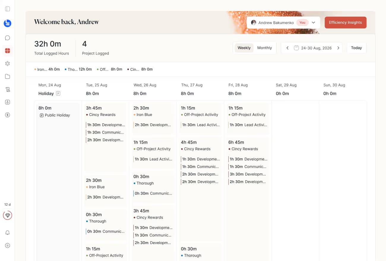 Tolmete contributor dashboard preview — weekly activity view from time logs