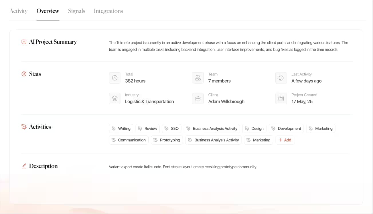 Tolmete project overview preview — AI project summary, stats, and activity for a client project