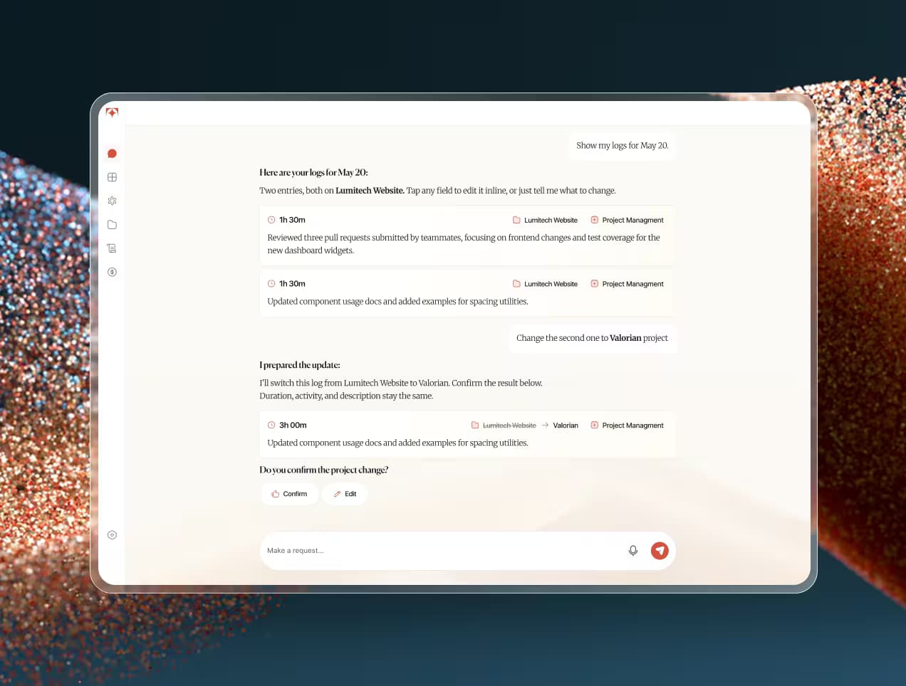 Tolmete AI chat interface preview — reviewing and editing time logs through conversation