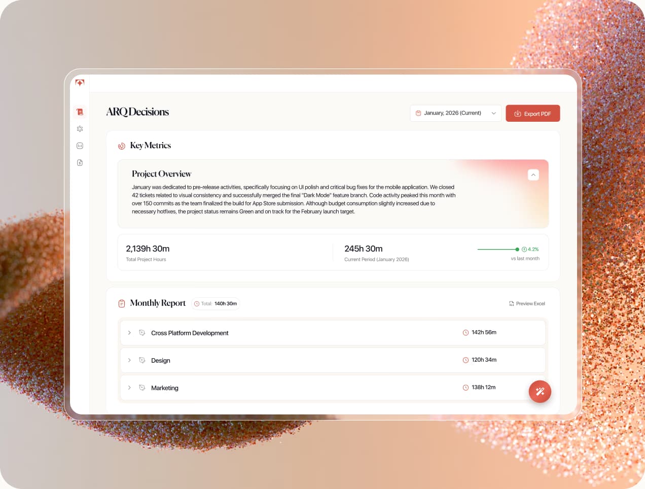 Tolmete client portal preview — project overview, key metrics, and monthly activity for audit-ready reporting