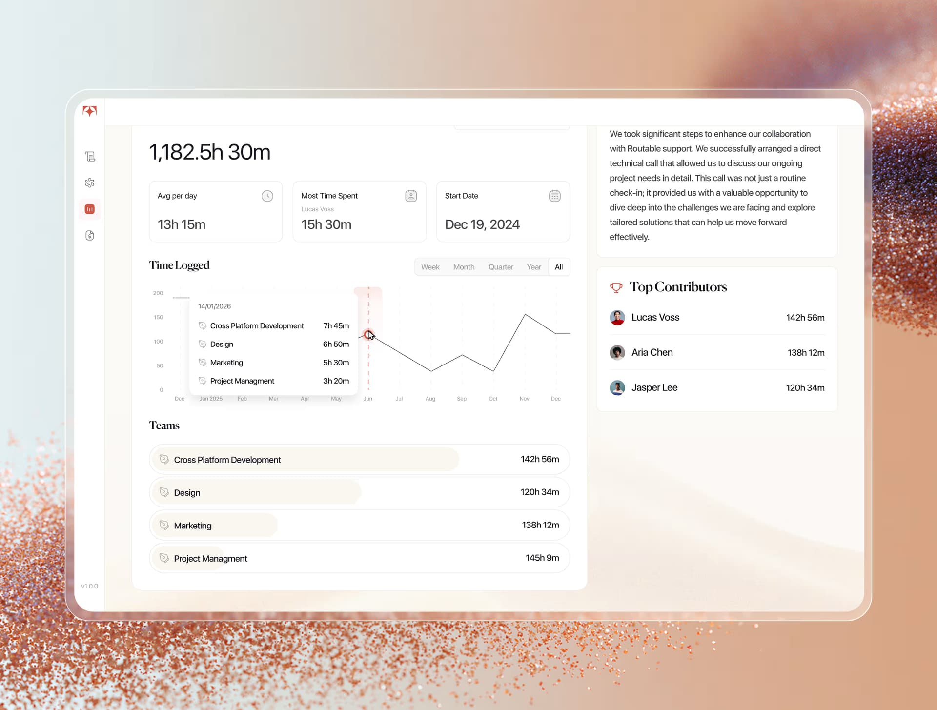Tolmete project overview preview — billable hours, time logged, teams, and top contributors