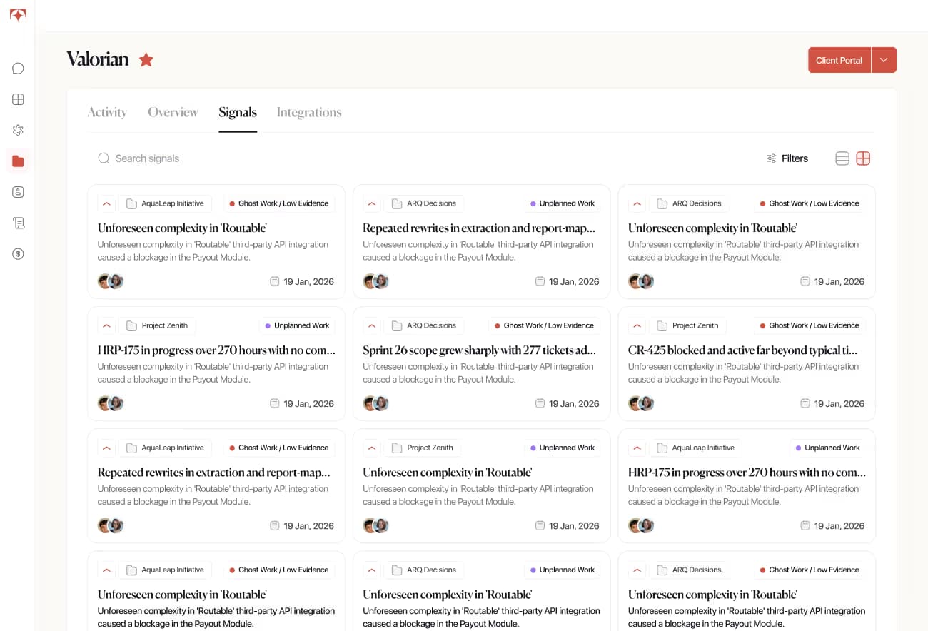 Tolmete project activity preview — billable hours tracked across team members for a client engagement