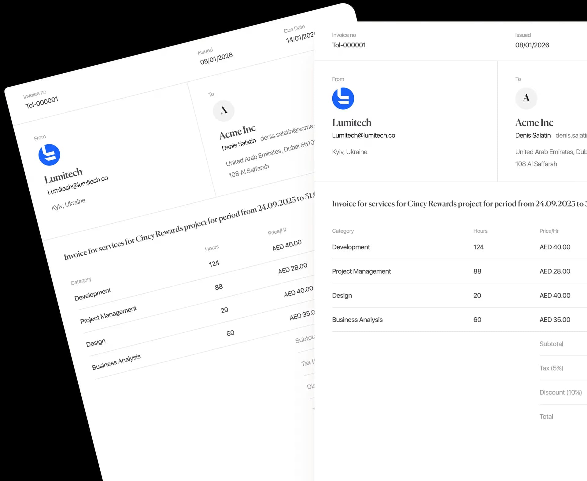 Tolmete proof-of-work invoicing preview — invoice backed by delivery activity and logged hours