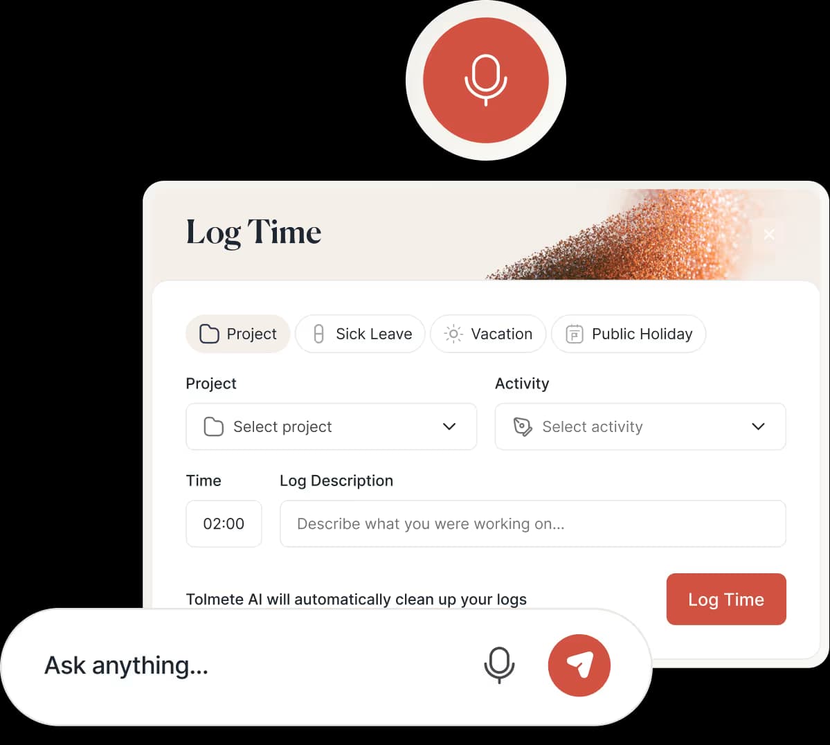 Tolmete voice time tracking preview — logging work by voice with AI-structured time entries
