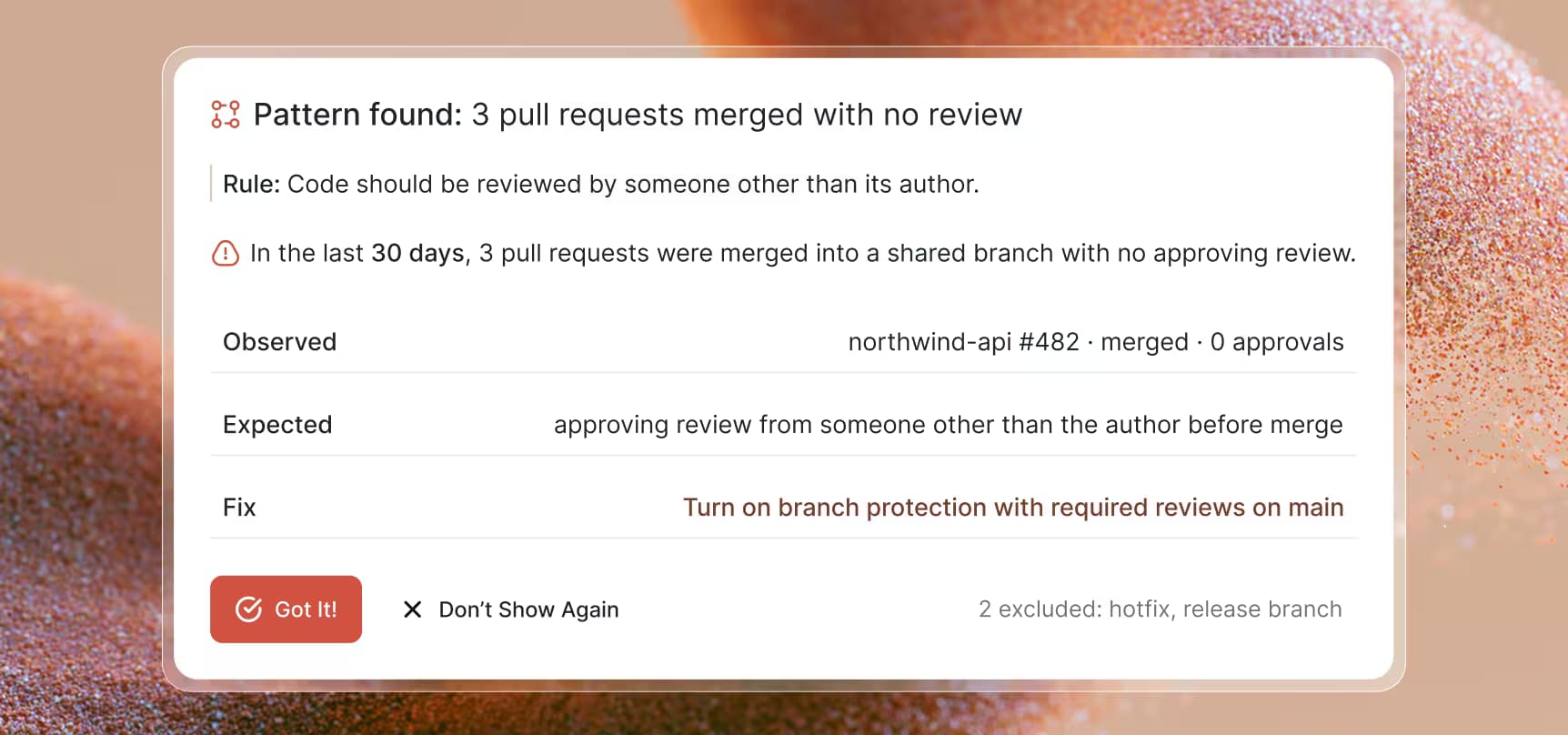 Pattern found: 3 pull requests merged with no review. Rule: code should be reviewed by someone other than its author. Fix: turn on branch protection with required reviews on main.