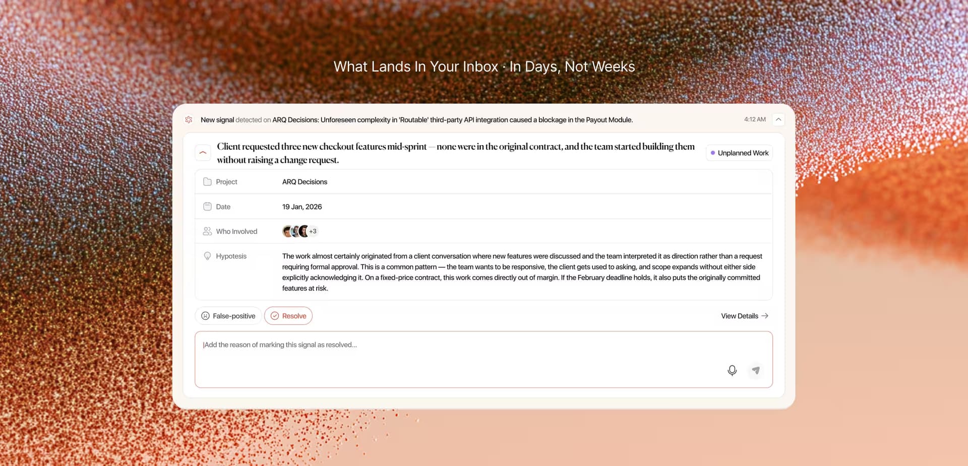 Tolmete signal notification showing unplanned checkout feature work detected on a project, with project details, hypothesis, and resolve actions