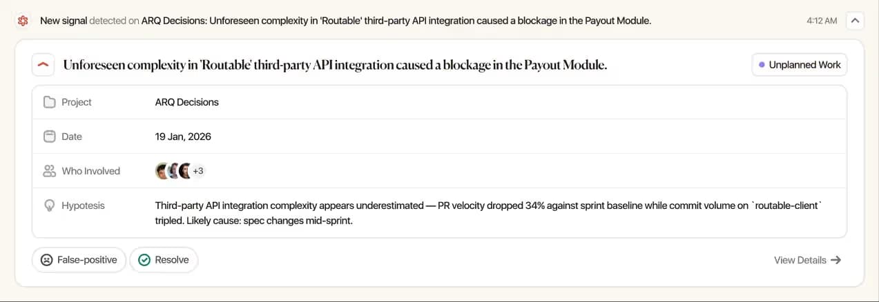 Tolmete signal notification for unplanned work on a Routable API integration