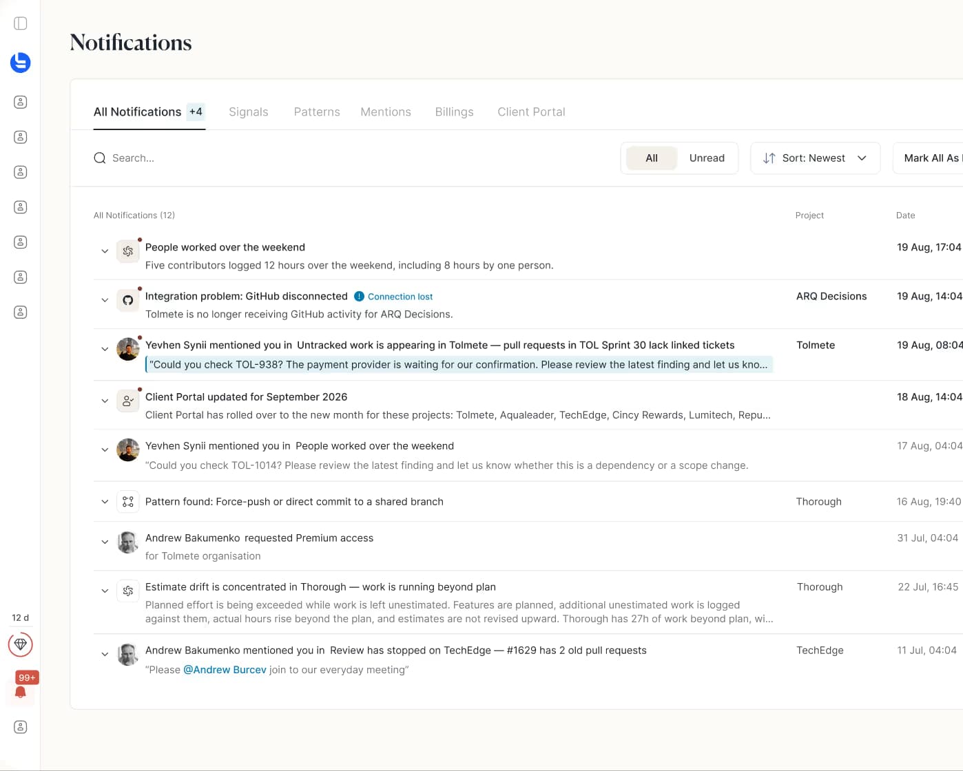 Tolmete notifications view with signals from delivery tools
