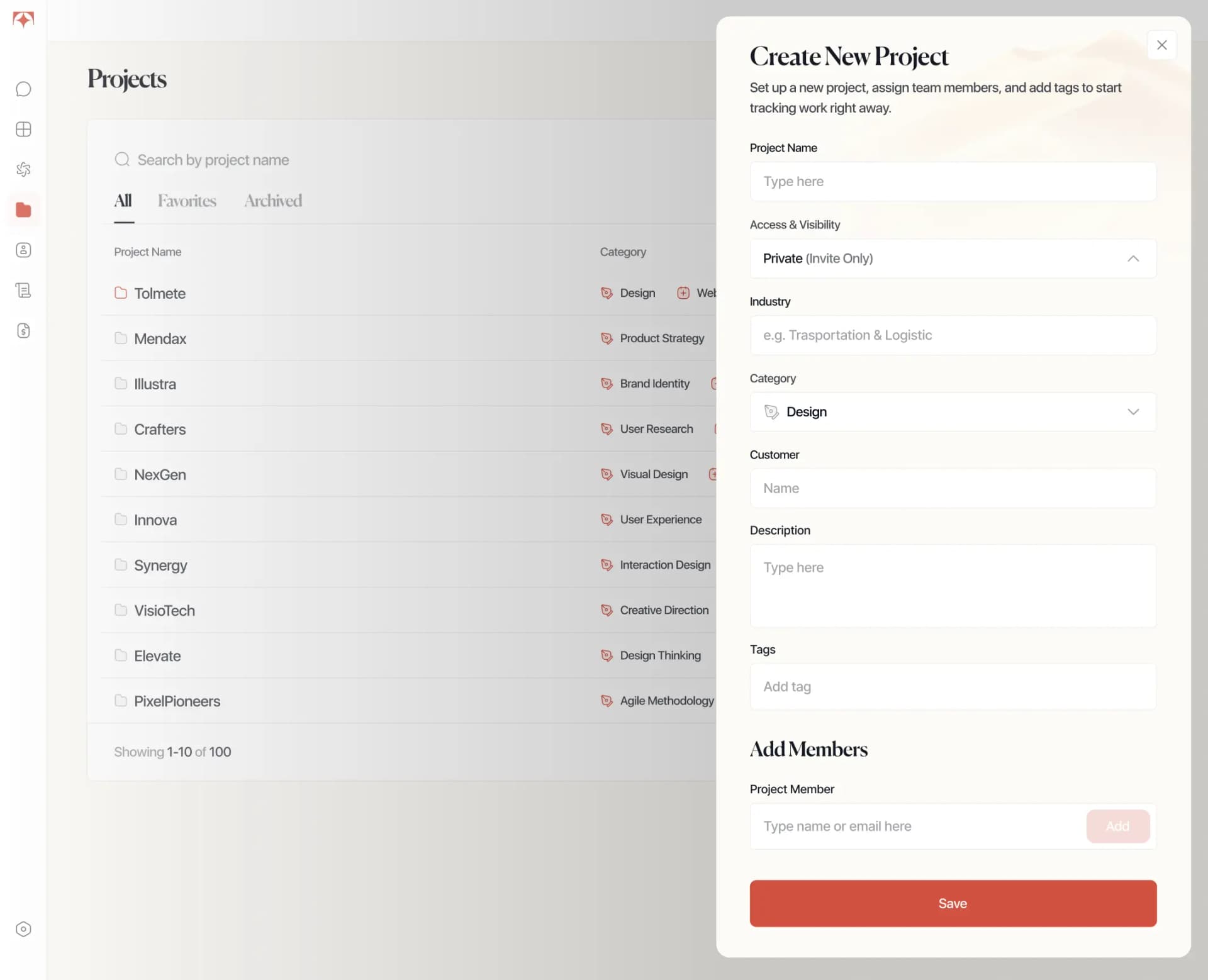Tolmete projects — create a new project workspace with client and category details