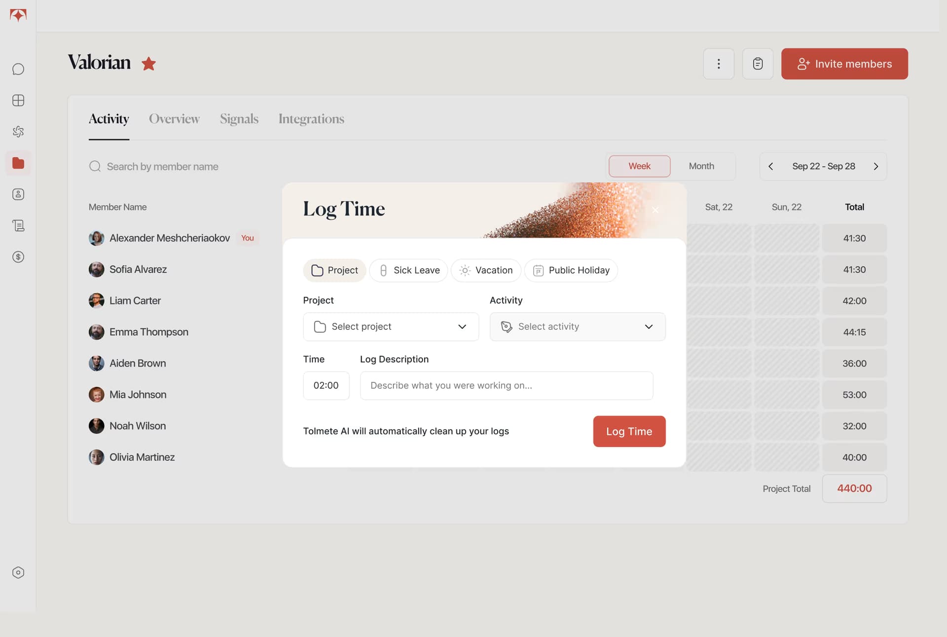 Tolmete contributor dashboard — add work logs from the weekly grid with the Log Time dialog