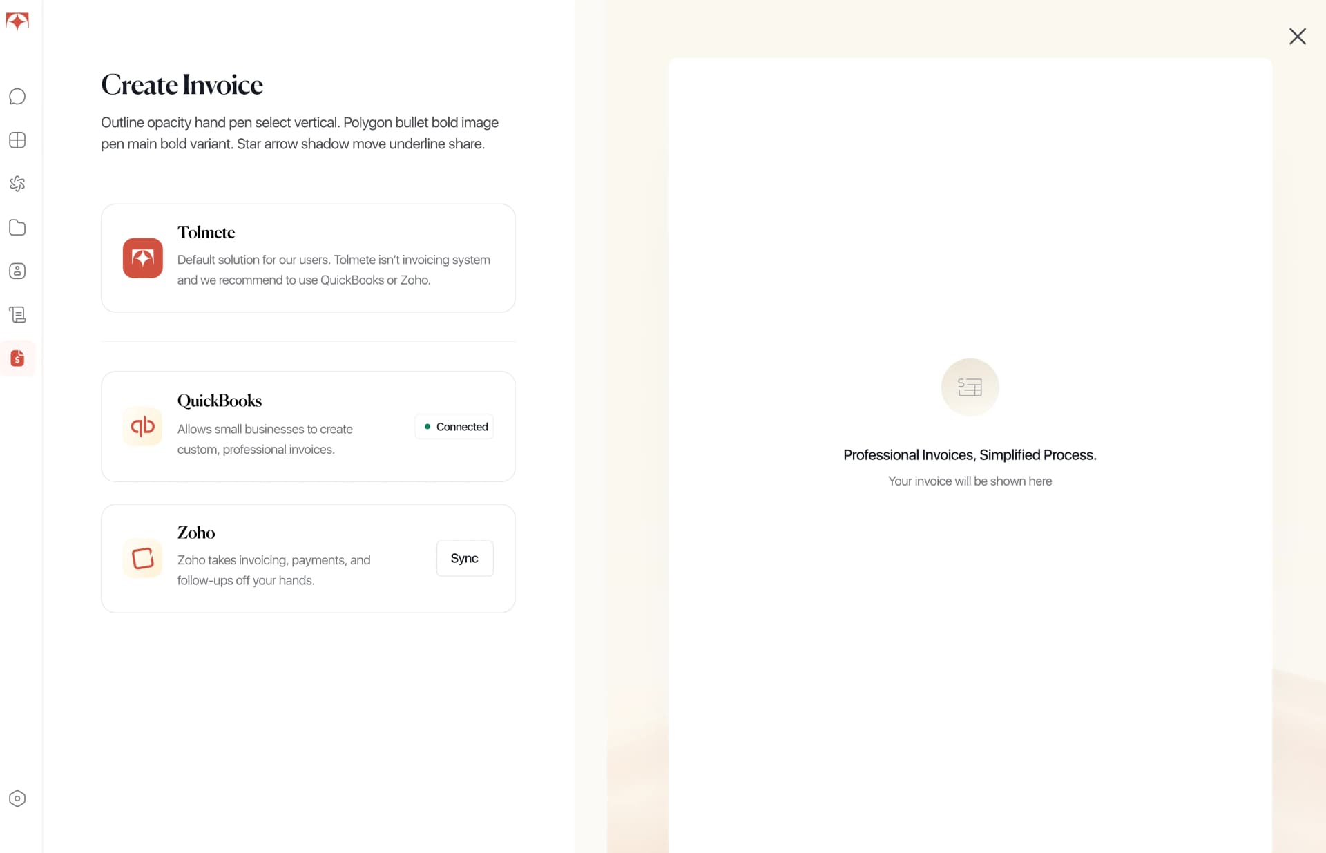 Tolmete invoicing integrations — connected QuickBooks and Zoho invoicing system status
