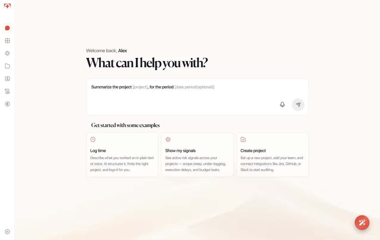 Tolmete AI chat — log time by describing completed work in a conversation
