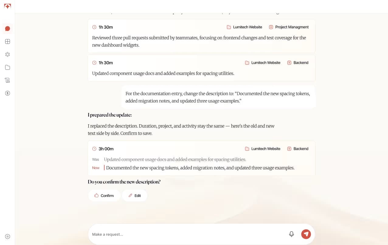 Tolmete AI chat — refine a time entry with a follow-up message