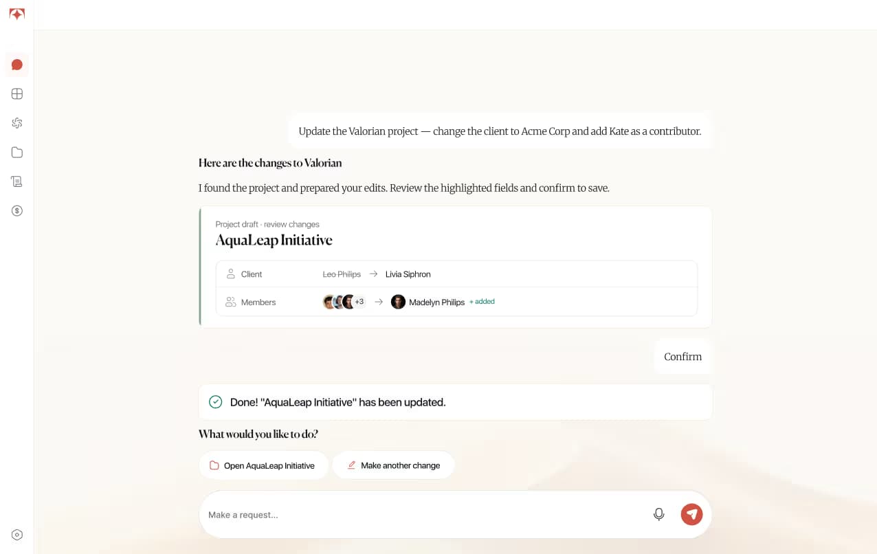 Tolmete AI chat — run project actions such as creating a project or assigning a task