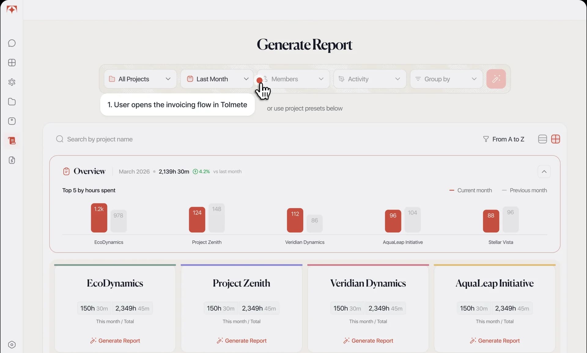 Tolmete invoicing integrations interface — generate report with delivery logs ready for client billing