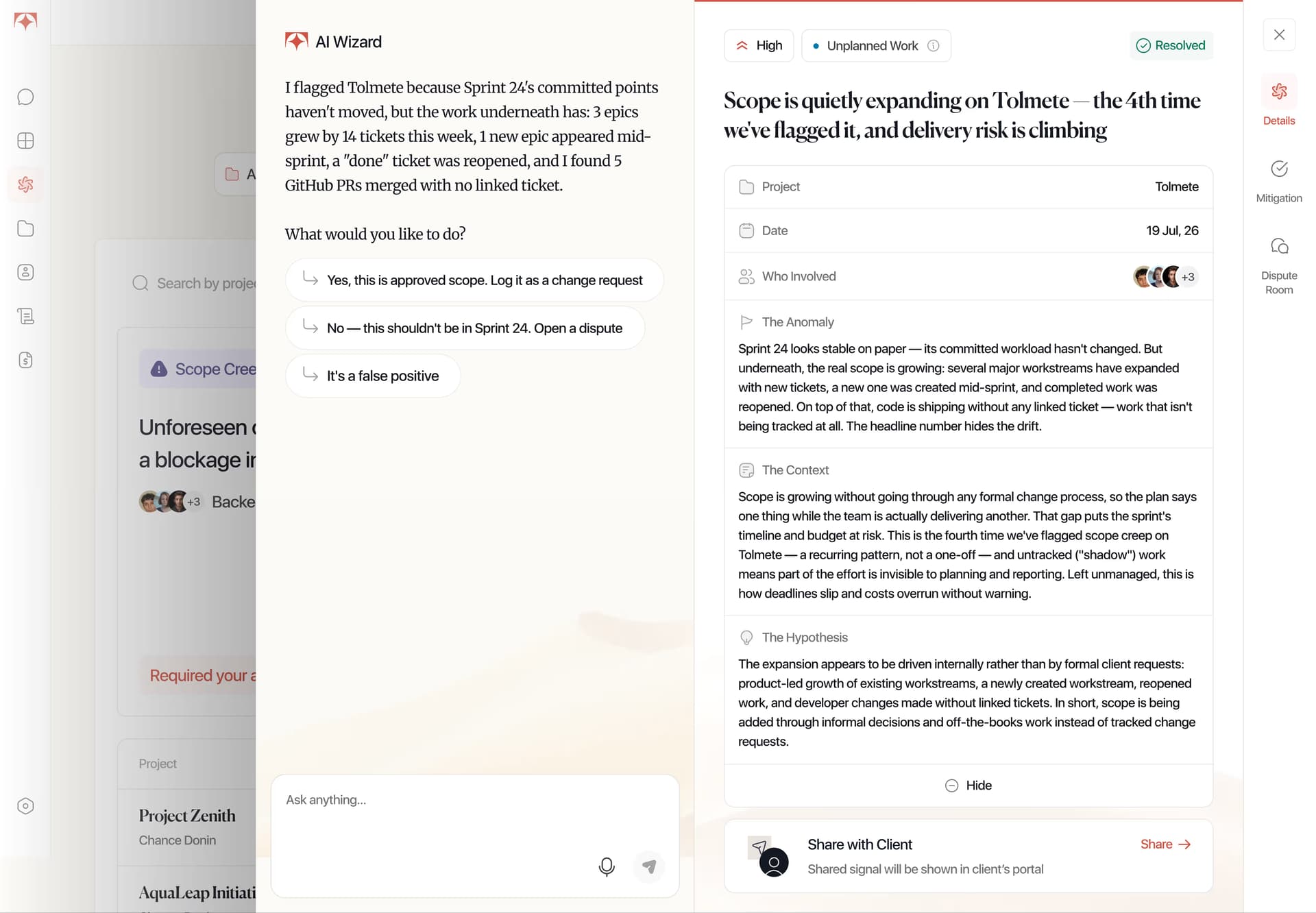 Tolmete evidence-based signals preview — delivery signal with linked commits, pull requests, and project activity